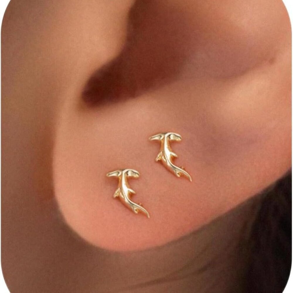 Flat Back Earrings Brass 14K Gold Plated Tiny Shark Ocean Marine Jewelry
